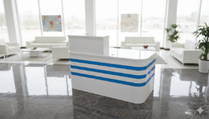 Modern white and blue reception desk in a bright office lobby.