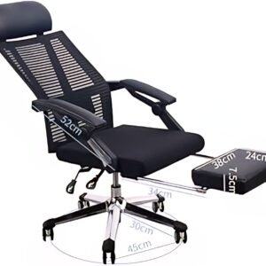 A886 ergonomic reclining office chair in black with mesh back and extendable footrest.
