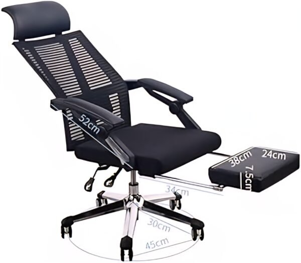 A886 ergonomic reclining office chair in black with mesh back and extendable footrest.