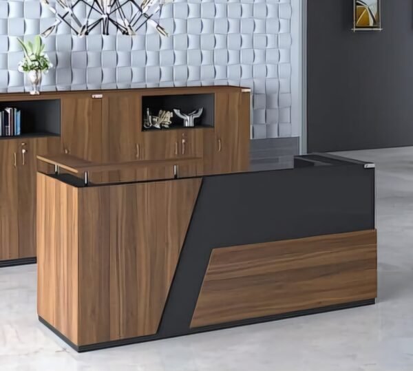 Modern geometric reception desk in a two-tone wood and black finish.