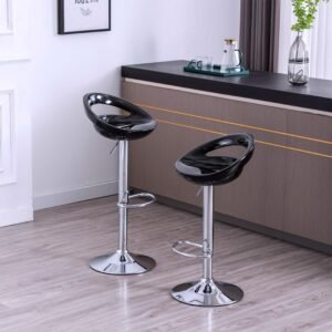 A pair of modern black bar stools, model BS-ABS-BK, with glossy ABS plastic seats and adjustable chrome pedestal bases.