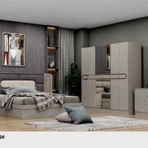 Luxury 6-piece bedroom set model BG-2100 featuring a white and gold finish, upholstered headboard, and mirrored wardrobe.