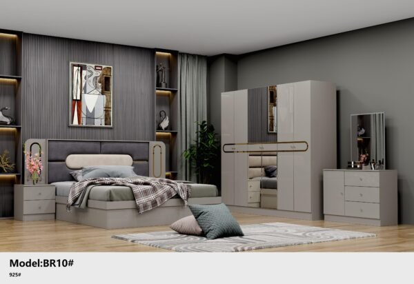 Luxury 6-piece bedroom set model BG-2100 featuring a white and gold finish, upholstered headboard, and mirrored wardrobe.