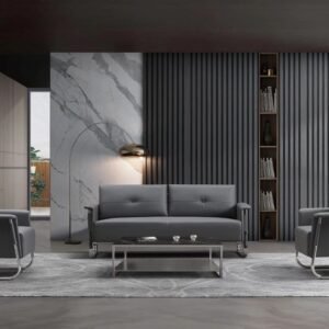 Modern 3-piece office sofa set, model 326, with grey faux leather upholstery and a continuous polished chrome frame.