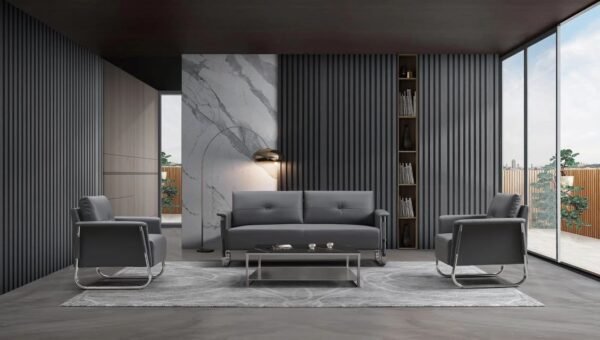 Modern 3-piece office sofa set, model 326, with grey faux leather upholstery and a continuous polished chrome frame.