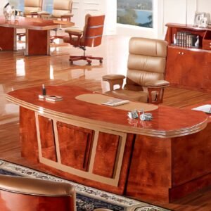 A grand, glossy reddish-brown wooden executive desk with a curved, ornate design and lighter wood accents, positioned on a shiny wooden floor in a luxurious office setting.