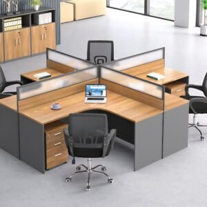 A modern 4-person office workstation unit constructed from light wood-toned melamine MDF and dark grey panels, with frosted glass partitions, designed for collaborative and efficient use in an open-plan office.