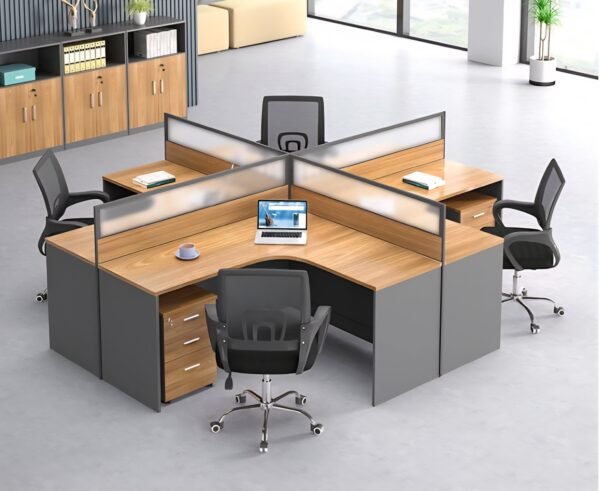 A modern 4-person office workstation unit constructed from light wood-toned melamine MDF and dark grey panels, with frosted glass partitions, designed for collaborative and efficient use in an open-plan office.