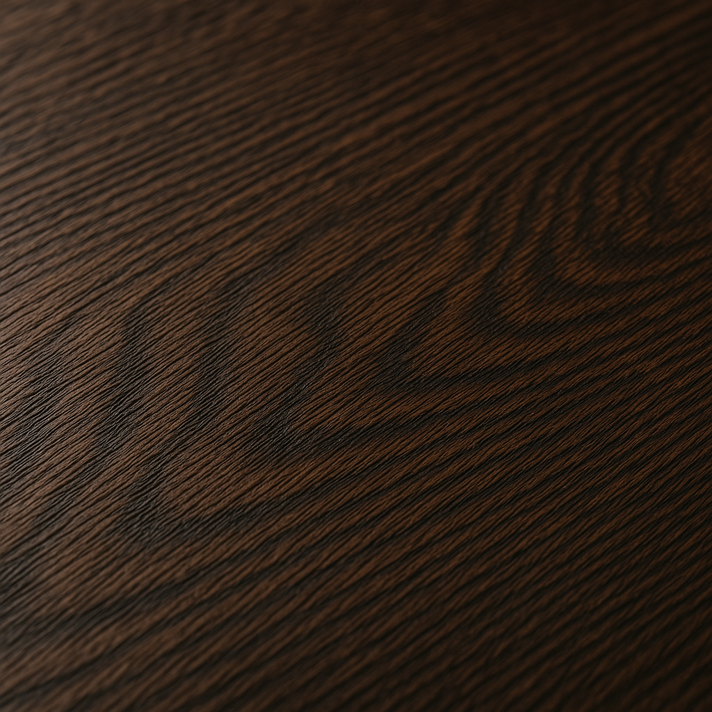 Macro photography of a solid dark oak wood tabletop. The image is an extreme close-up, focusing entirely on the intricate, deep brown wood grain pattern. The lighting is soft and natural, coming from the side to highlight the subtle textures and rich tones of the wood. The style is clean, minimalist, and photorealistic.