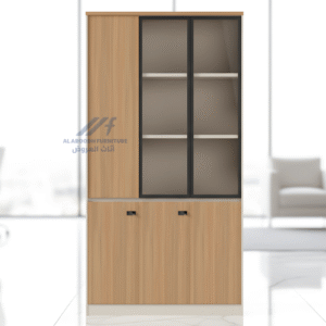 Modern office cabinet with a wood base and an upper section with frosted glass doors and metal frame.