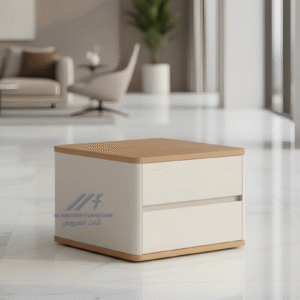 A modern square tea table with a light wood top and a contrasting light-colored body. It features two drawers and is suitable for an office, living room, or bedroom.