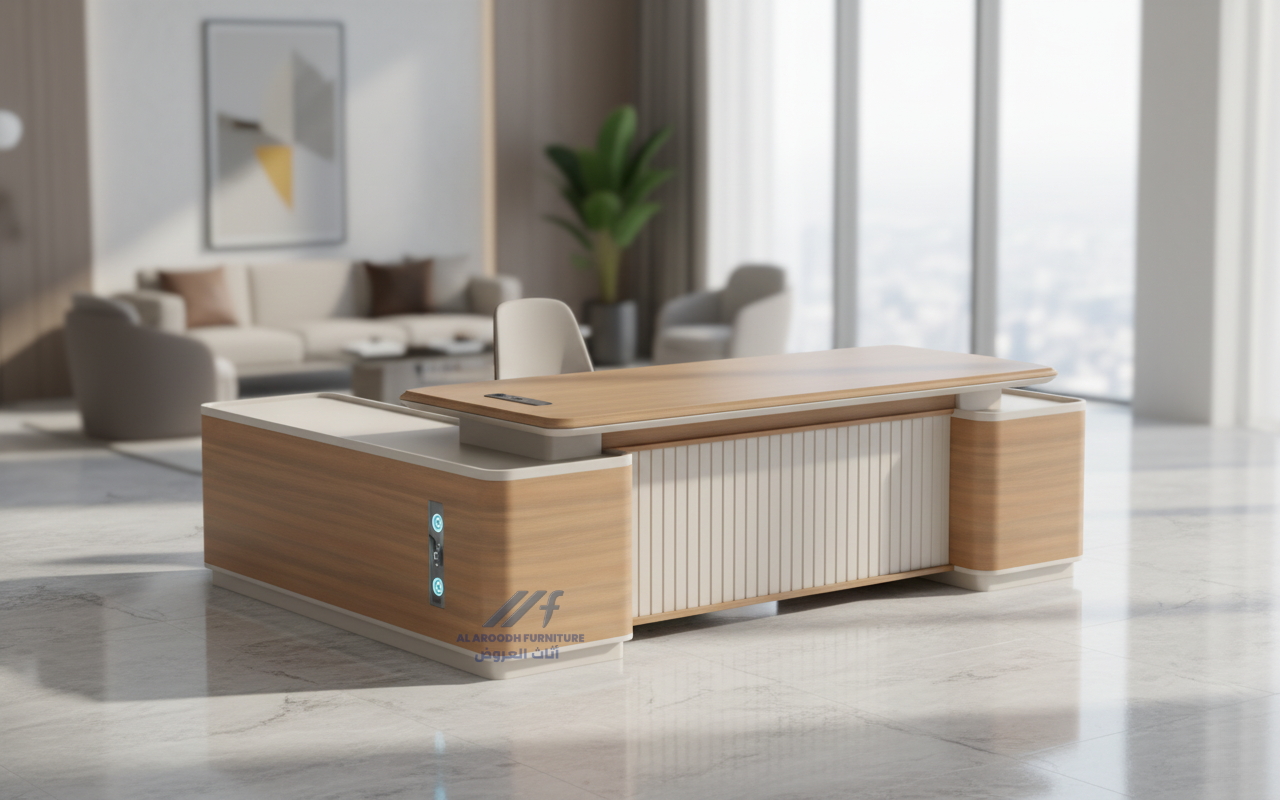 Modern executive office desk with wireless charging, LED lights, and wood and white accents.