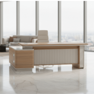 Modern executive office desk with wood grain finish, wireless charging, and built-in LED lights