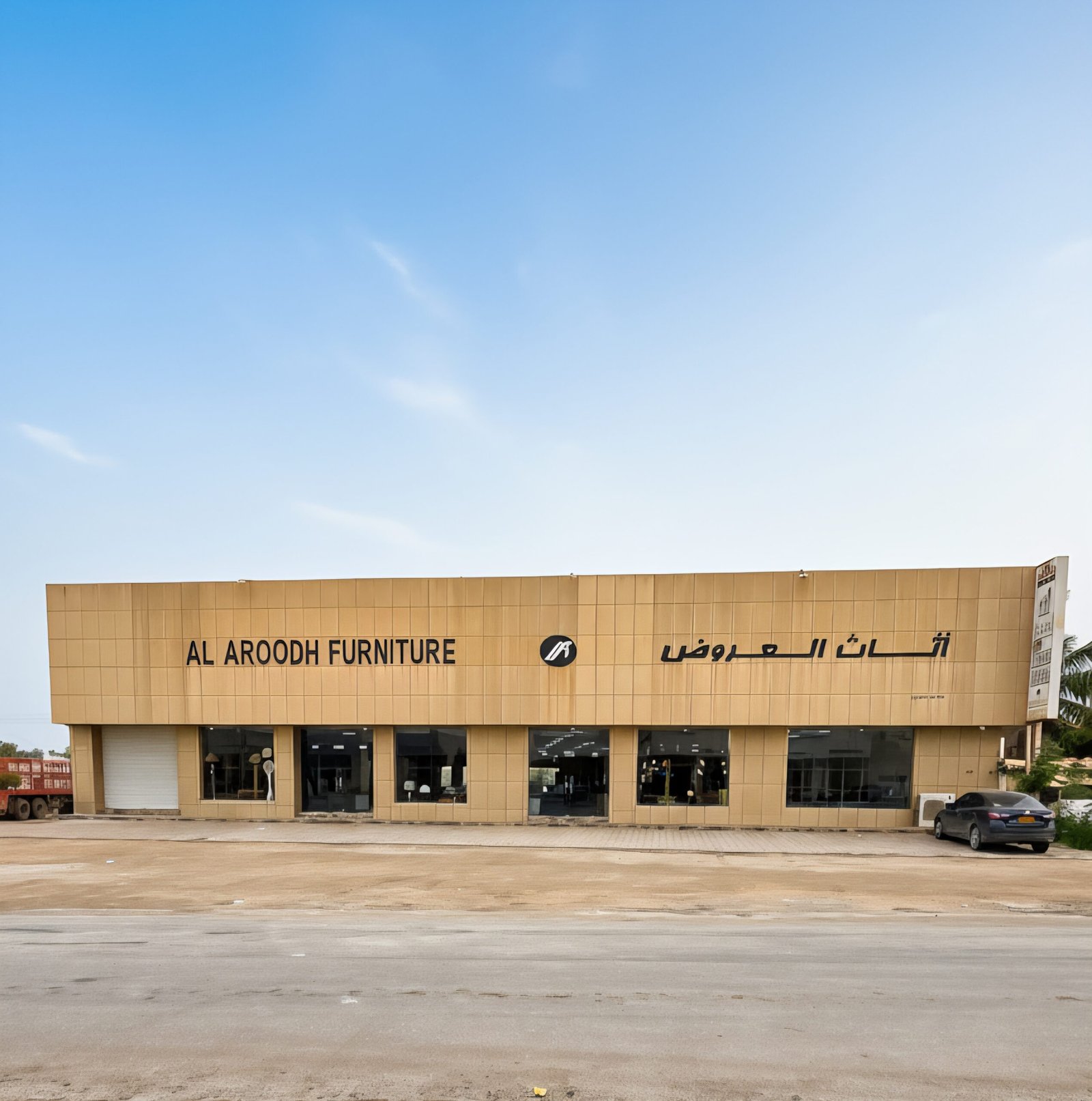 Al Aroodh Furniture showroom exterior in Salalah, Oman – premium office and home furniture display.