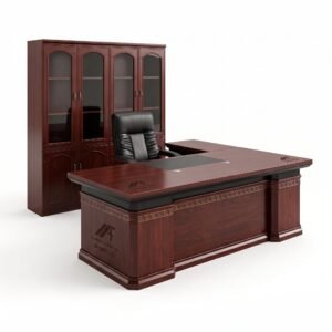 Al Aroodh Furniture 220 cm classic mahogany wood veneer executive desk with leather inset and matching glass door bookshelf