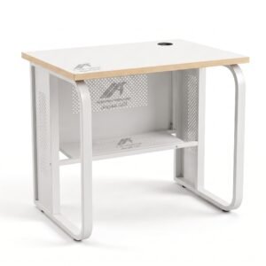 Al Aroodh Furniture 80 cm white training desk with steel frame, MDF melamine top, perforated modesty panel, and footrest shelf