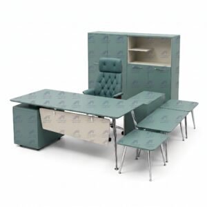 Al Aroodh Furniture modern sage green executive desk set with high-back office chair, storage cabinet, and visitor stools